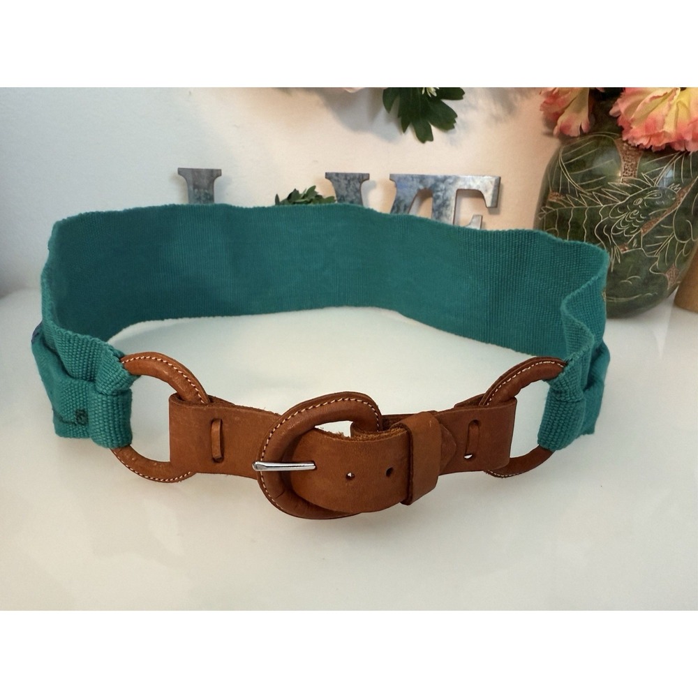 80s Hand Painted 3"‎ Waist Belt Teal Fish Multi Handmade Leather Buckle M/L 30" - Picture 2 of 16